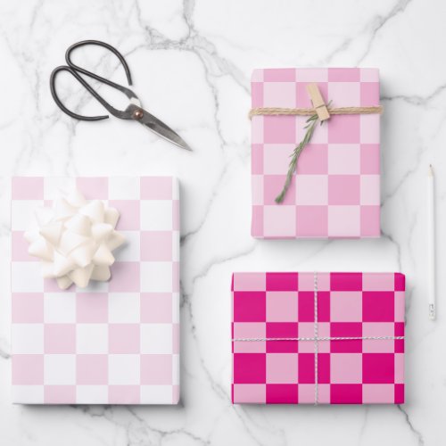 Three Pink Checkerboard Wrapping Paper Sheets