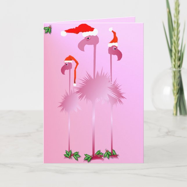 Three Pink Christmas Flamingos Holiday Card (Front)