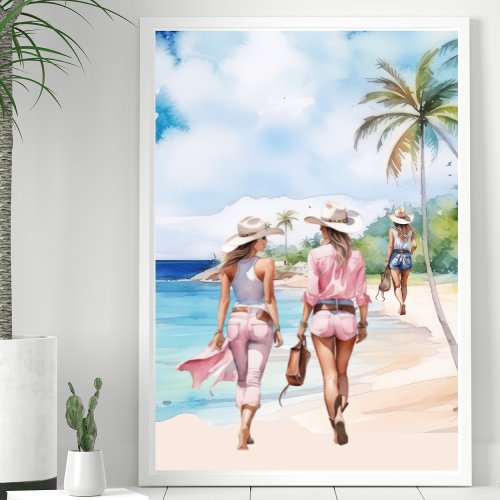 Three Pink Coastal Cowgirl Tropical Island Poster