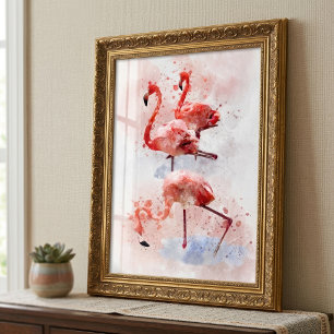 Three Pink Flamingos in Watercolor Art Print