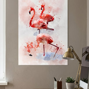 Three Pink Flamingos in Watercolor Art Print