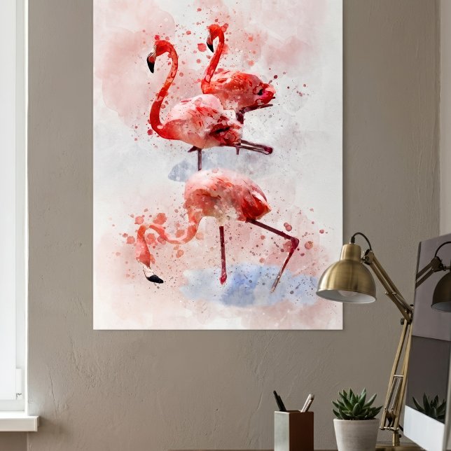 Three Pink Flamingos  in Watercolor Art Print (Three Pink Flamingos in Watercolor Art Print. Poster)