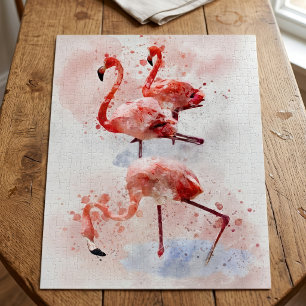 Three Pink Flamingos in Watercolor Art Print Jigsaw Puzzle