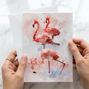 Three Pink Flamingos in Watercolor Art Print Note Card
