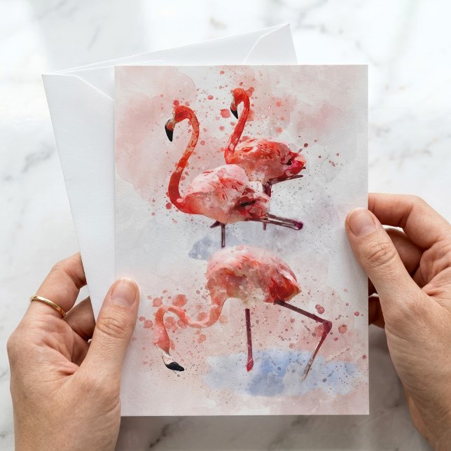 Three Pink Flamingos  in Watercolor Art Print Note Card (Three Pink Flamingos in Watercolor Art Print. Note Card)