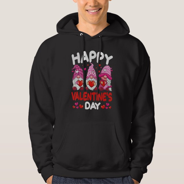 Three Pink Gnomes Holding Heart Happy Valentine's  Hoodie (Front)