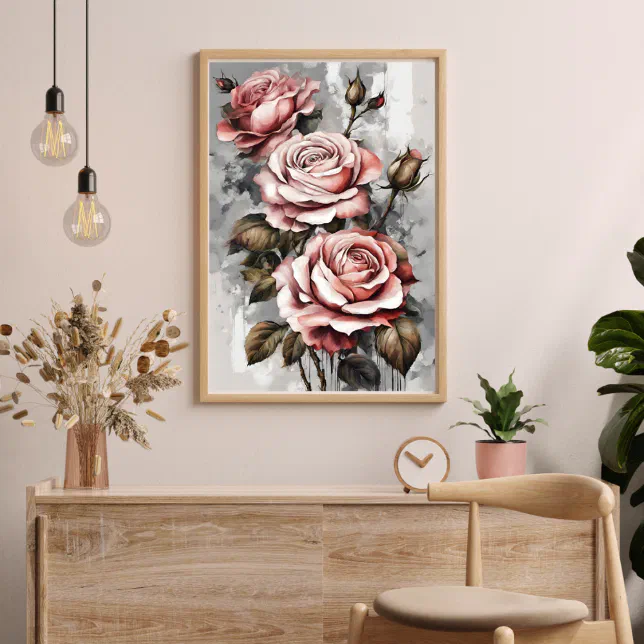 Three Pink Roses Floral Modern Art Poster | Zazzle