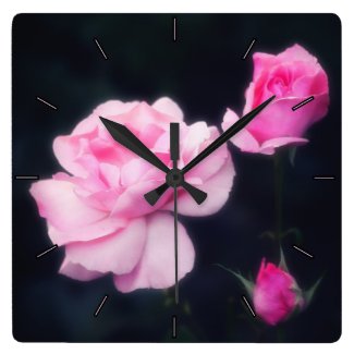 Three Pink Roses on a dark background. Square Wall Clock