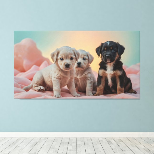 Three playful puppies resting on a soft blanket  canvas print (Insitu(Wood Floor))