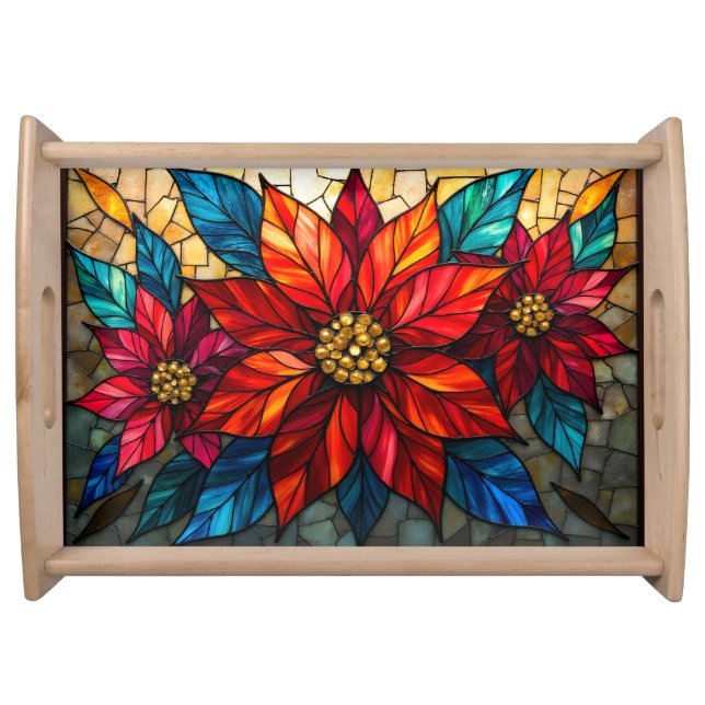 Three Poinsettia Blossoms Stained Glass Style Serving Tray (Front)