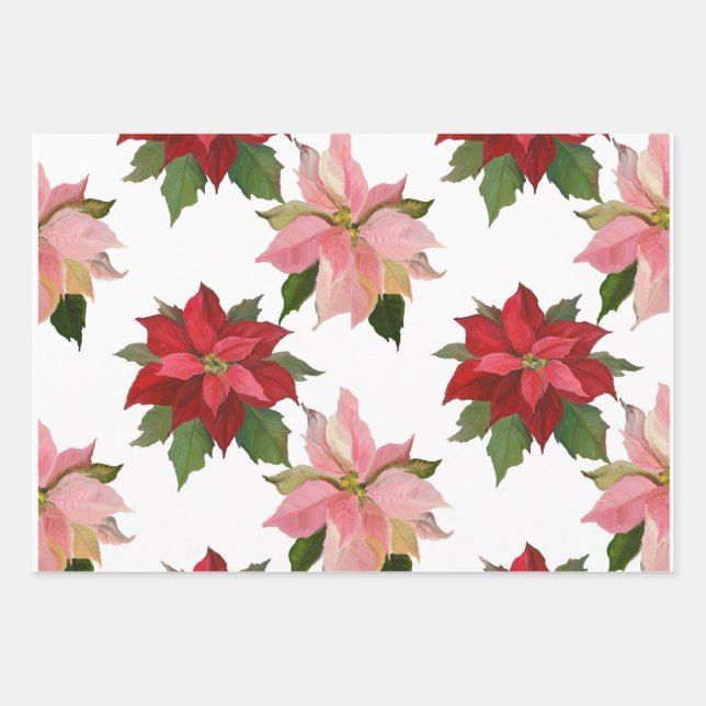 Three Poinsettia, Gingerbread Girl & Adorable Cow Wrapping Paper Sheets (Front)