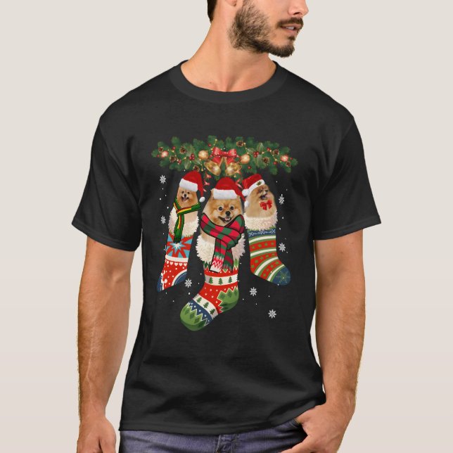 Three Pomeranian In Sock Christmas Santa Hat X-Mas T-Shirt (Front)