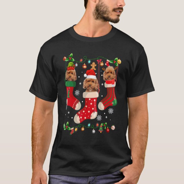 Three Poodle In Sock Christmas Santa X mas Dog T-Shirt (Front)