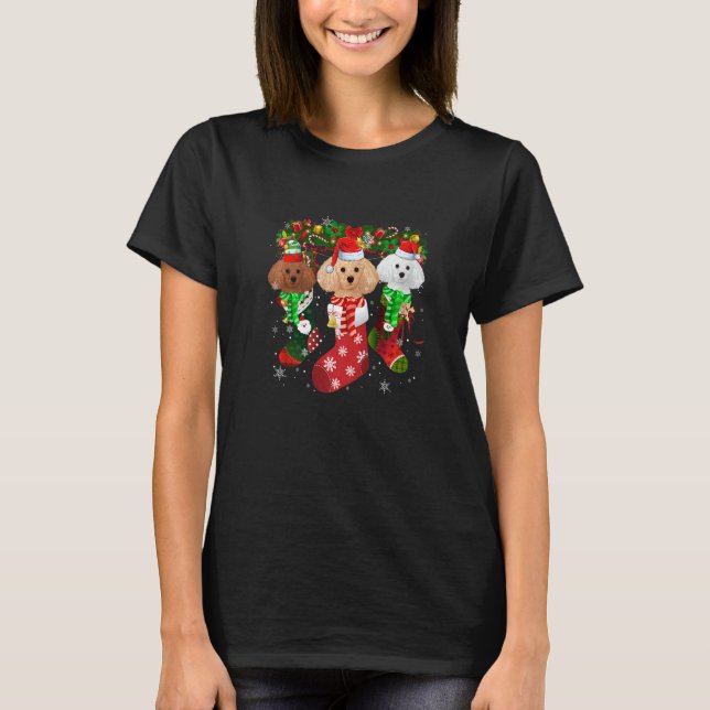 Three Poodle In Socks Christmas Santa Hat T-Shirt (Front)