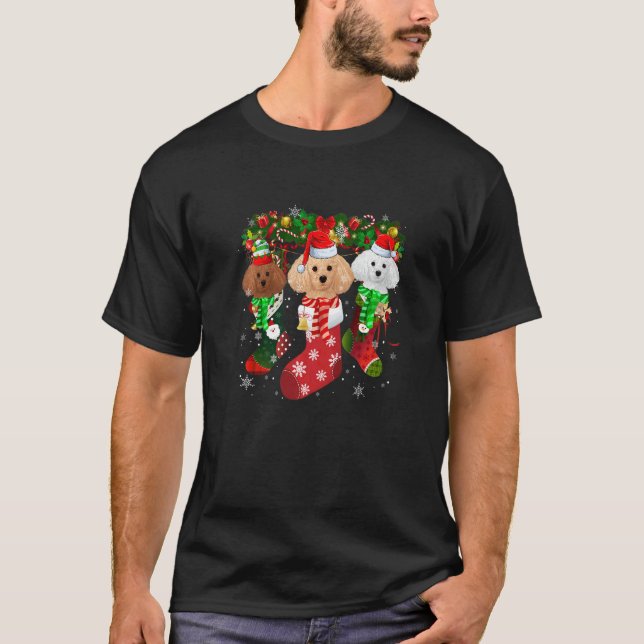 Three Poodle In Socks Christmas Santa Hat T-Shirt (Front)