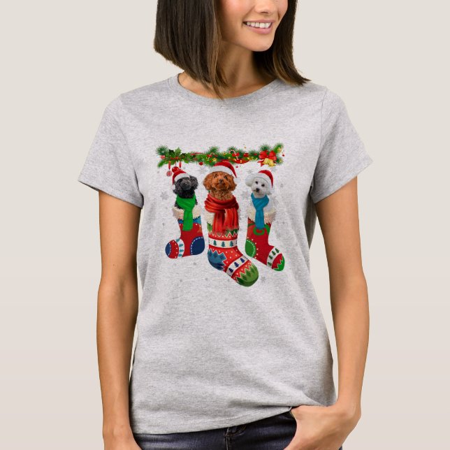 Three Poodles In Christmas Socks  T-Shirt (Front)