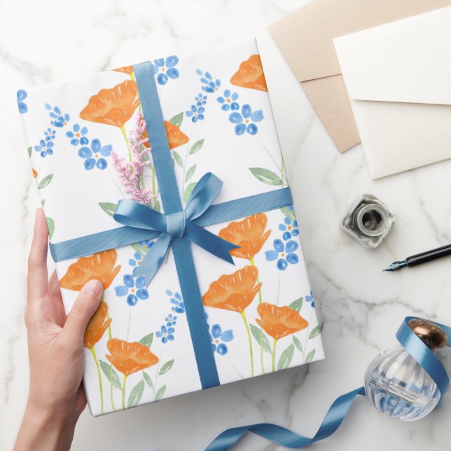 Three Poppies Watercolor Bouquet Pattern  Wrapping Paper (Gifting)