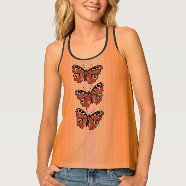 Three Pretty Monarch Butterflies on Bright Orange Tank Top (Front)
