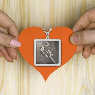 Three Pretty witches Sepia Color on Brooms Silver Plated Necklace