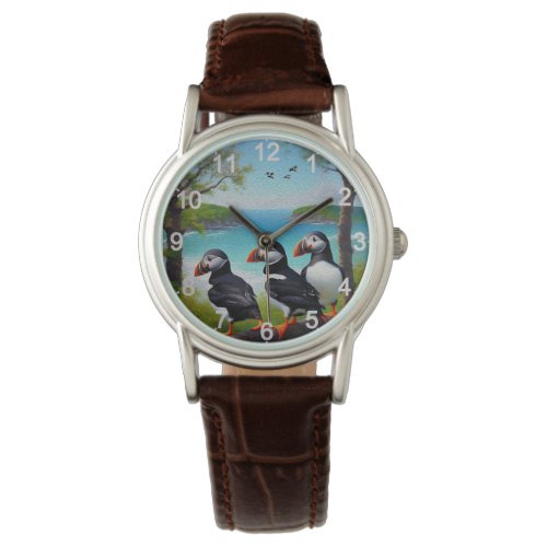 Three Puffin Birds Oil Paint Ladies Wrist Watch