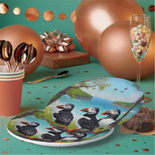 Three Puffin Birds Oil Paint,  Paper Plates