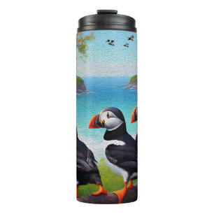 Three Puffin Birds Oil Paint, Thermal Tumbler