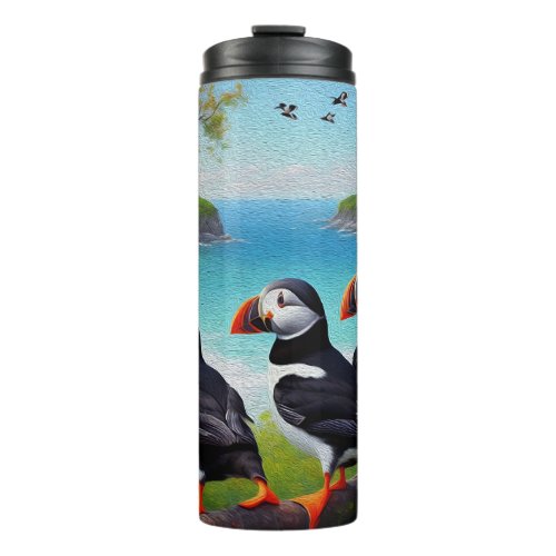 Three Puffin Birds Oil Paint Thermal Tumbler