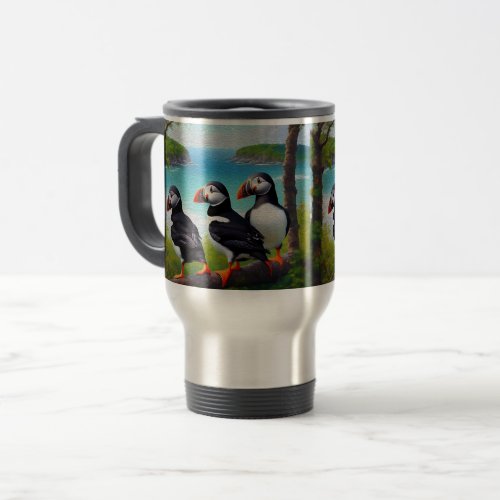 Three Puffin Birds Oil Paint Travel Mug