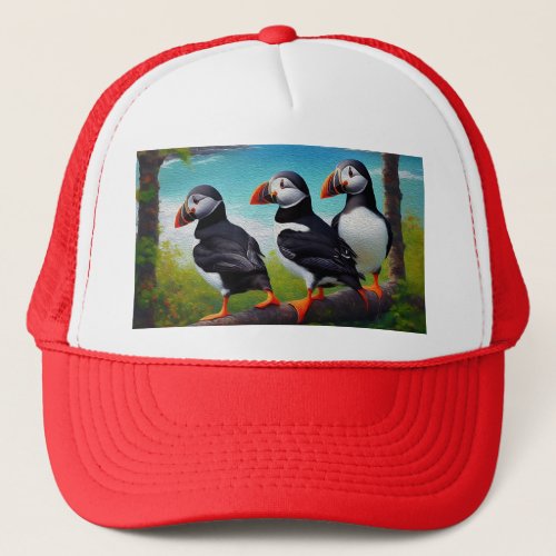 Three Puffin Birds Oil Paint Truckers Hat