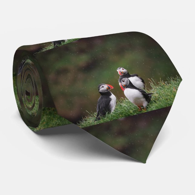 THREE PUFFIN BIRDS STYLISH NECK TIE (Rolled)