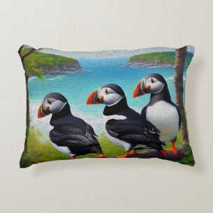 Three Puffins Oil Paint, Accent Pillow