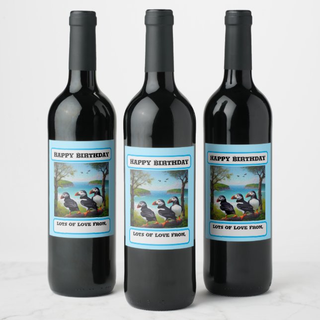 Three Puffins Oil Paint, Birthday Wine Label (Bottles)