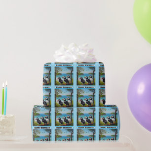Three Puffins Oil Paint, Birthday Wrapping Paper