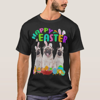 Three Pug Wearing Bunny Ear Pug Lover Happy Easter T-Shirt