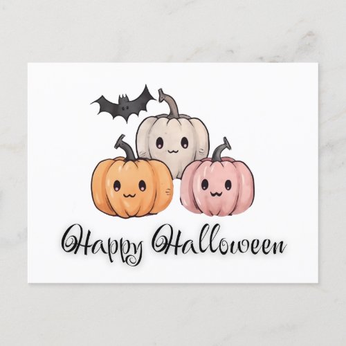 Three Pumpkin and Bat Cute Happy Halloween Holiday Postcard