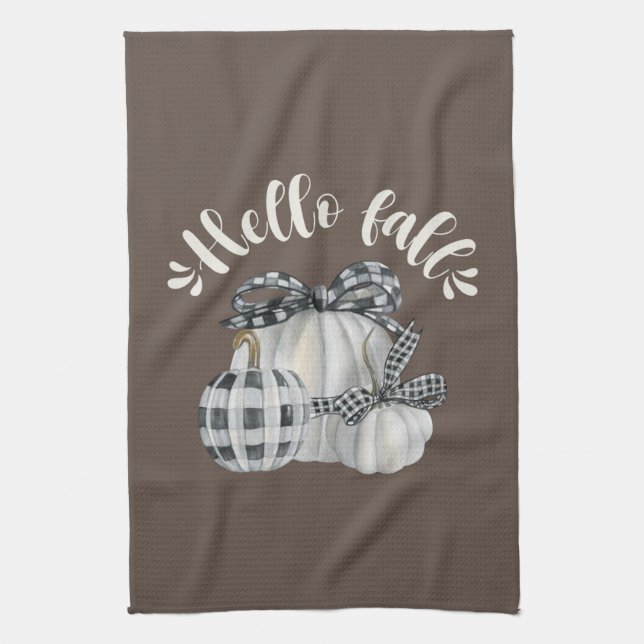 Three Pumpkin Hello Fall Kitchen Towel (Vertical)