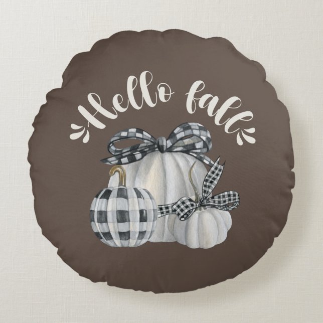 Three Pumpkin Hello Fall Round Pillow (Front)