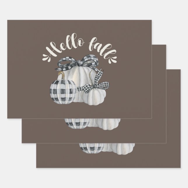 Three Pumpkin Hello Fall Wrapping Paper Sheets (Set)