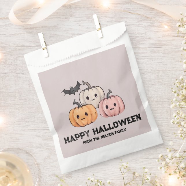 Three Pumpkins and a Bat Happy Halloween Favor Bag (Clipped)