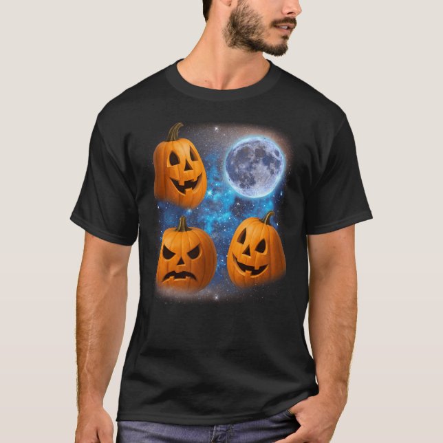 Three Pumpkins Howling At Moon Weird Meme Pumpkin T-Shirt (Front)