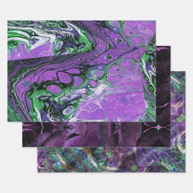 Three Purple Abstract Art Wrapping Paper Sheets (Set)