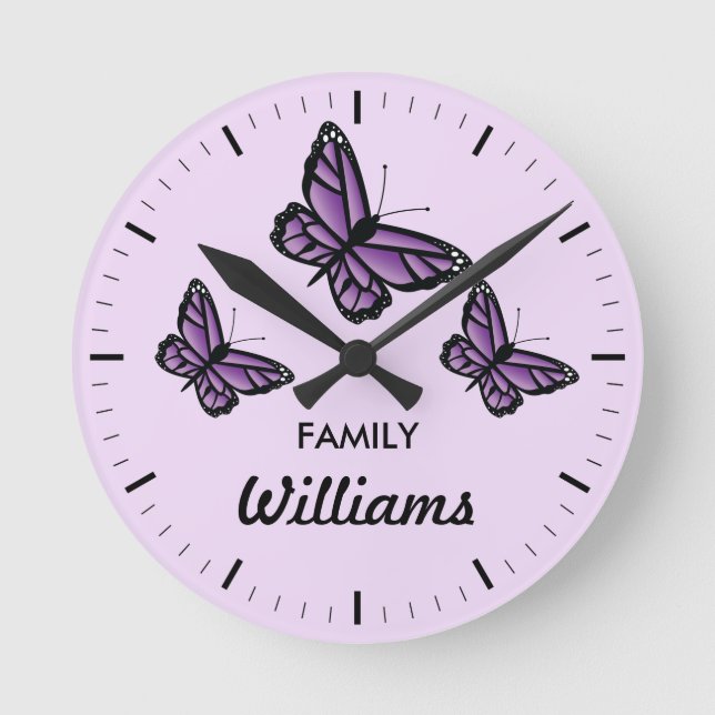 Three Purple Butterflies With Family Name Round Clock (Front)