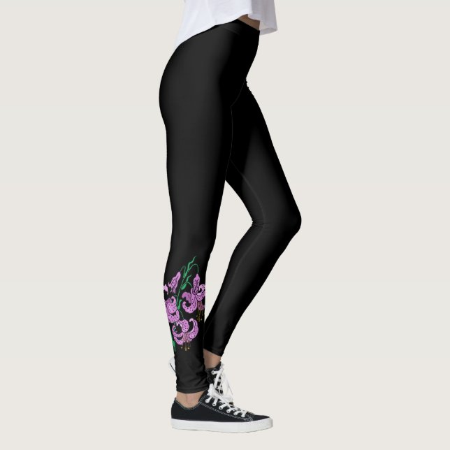 Three Purple Flowers ~ Black Background ~ Unique ~ Leggings (Right)