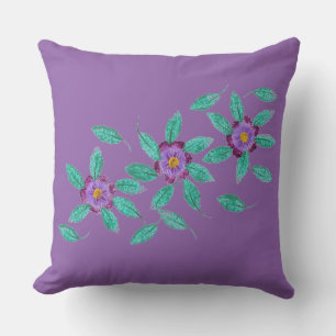 Three Purple Flowers Green Leaves Throw Pillows