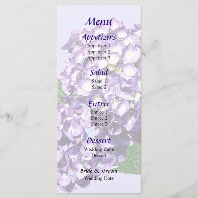 Three Purple Hydrangea Clusters Wedding Menu (Front)