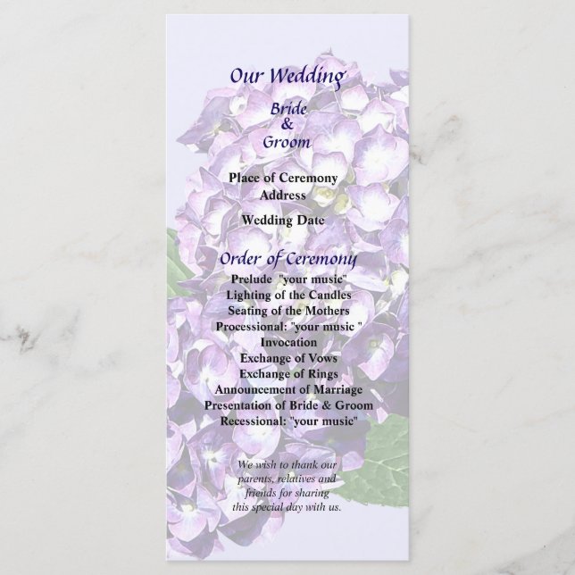 Three Purple Hydrangea Clusters Wedding Program (Front)
