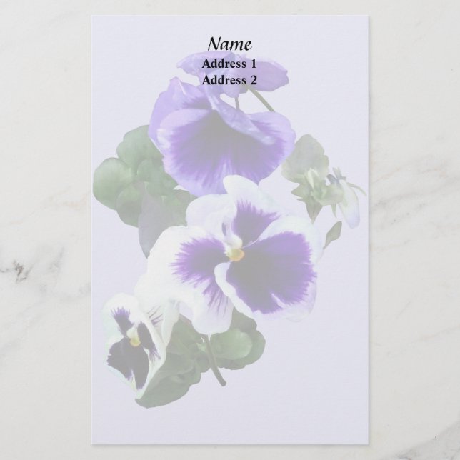 Three Purple Pansies in a Row Wedding Products Stationery (Front)