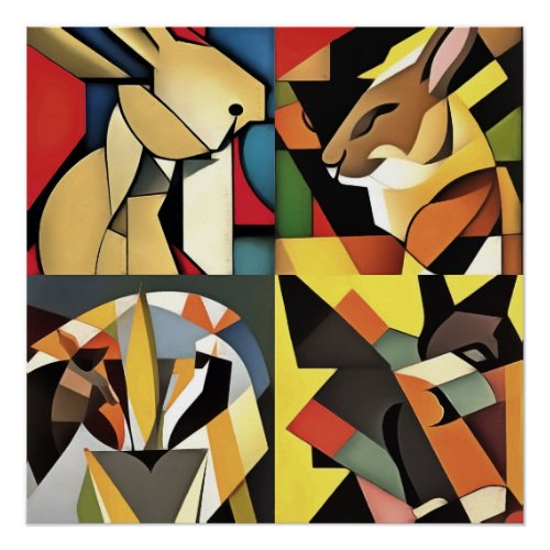 Three Rabbits And A Lion Geometric Abstract Art Poster