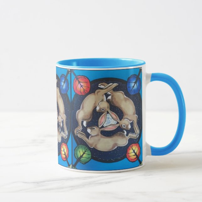 Three Rabbits Hares Chasing Moon Four Seasons Blue Mug (Right)
