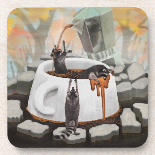 Three Raccoons Bathing in Coffee Coaster Set